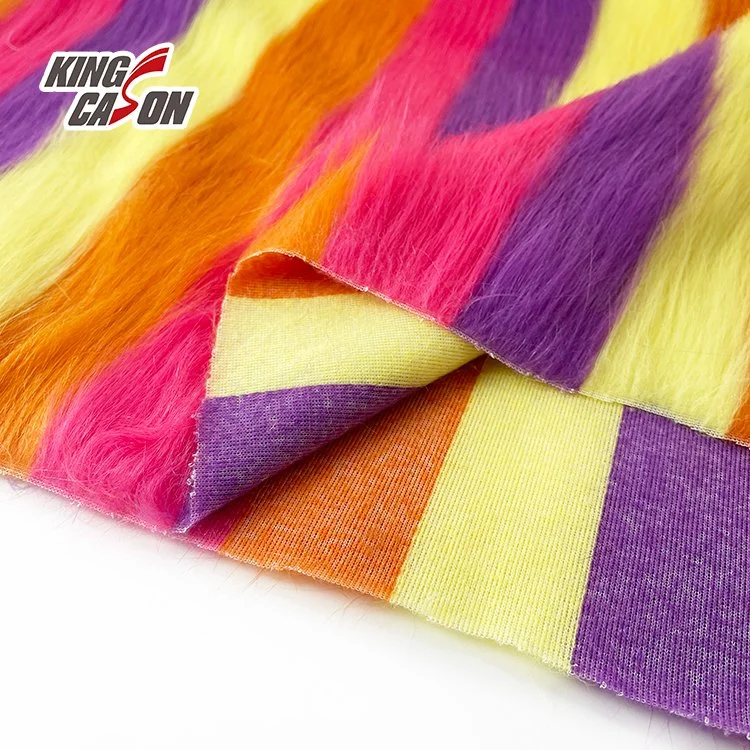 Kingcason Polyester Rainbow Colorful Stripe Yarn Dyed Long Pile 40mm Faux Fur Fabric