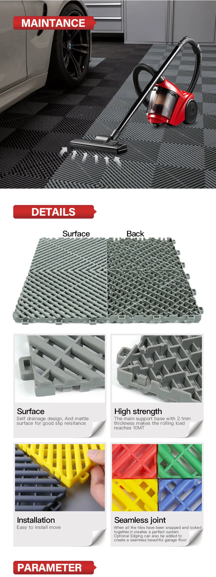 2023 Heavy Duty Interlocking Garage Floor Tiles/Removable Plastic Industrial Interlocking Floor Mats for Car Washing