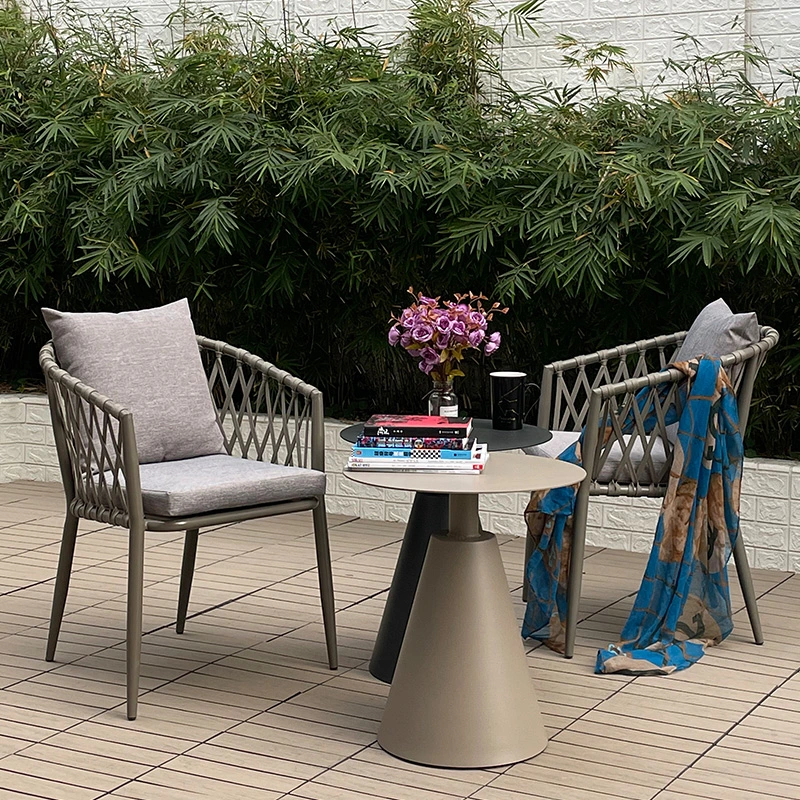 Modern Patio Balcony Plastic String Chair Rattan Rope Outdoor Garden Dining Chair American Standard Outdoor French Bistro Cafe Aluminum Rope Rattan Woven Chair