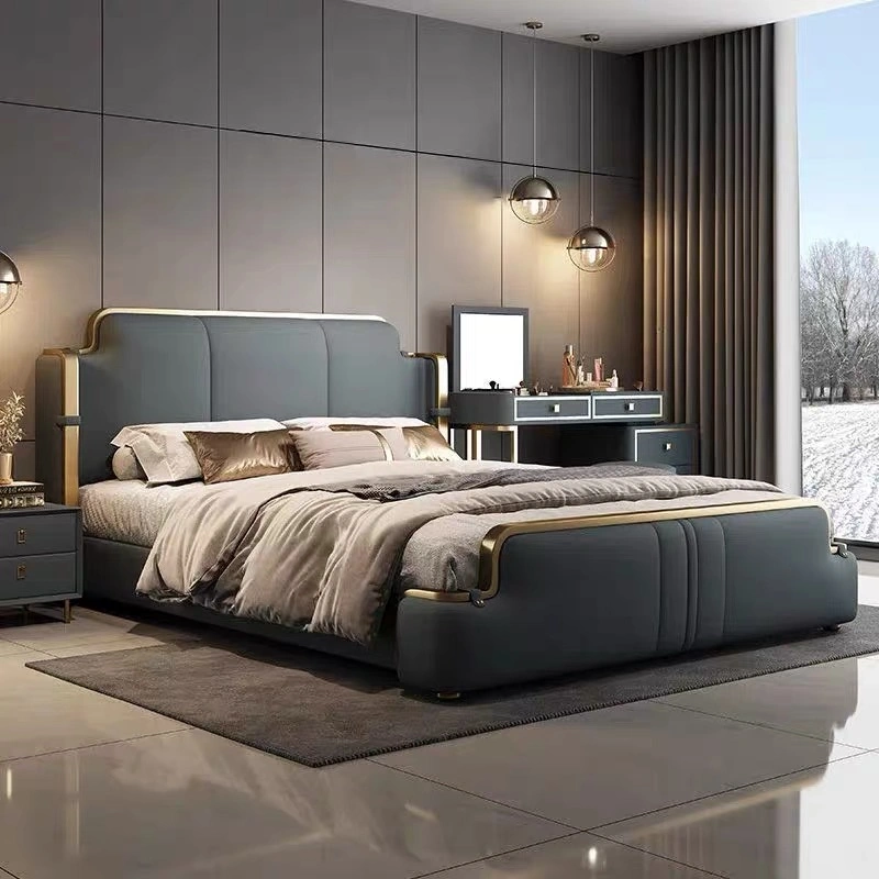 Modern PU Leather Bed Gray Double Bedroom Furniture Set