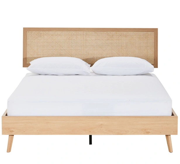 China Wholesale Modern Nordic Design Custom Bedroom Rattan Upholstery Wooden King Single Headboard Bed, Solid Oak Wall Bed Frame Home Furniture