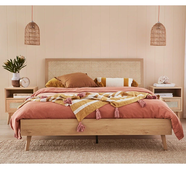 China Wholesale Modern Nordic Design Custom Bedroom Rattan Upholstery Wooden King Single Headboard Bed, Solid Oak Wall Bed Frame Home Furniture