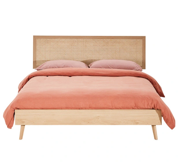 China Wholesale Modern Nordic Design Custom Bedroom Rattan Upholstery Wooden King Single Headboard Bed, Solid Oak Wall Bed Frame Home Furniture