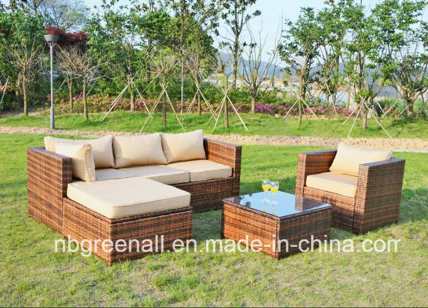 Patio Furniture Set 5 Seater Outdoor Wicker Sectional Sofa with Thick Cushions &amp; Tempered Glass Table Patio Couch Conversation Set