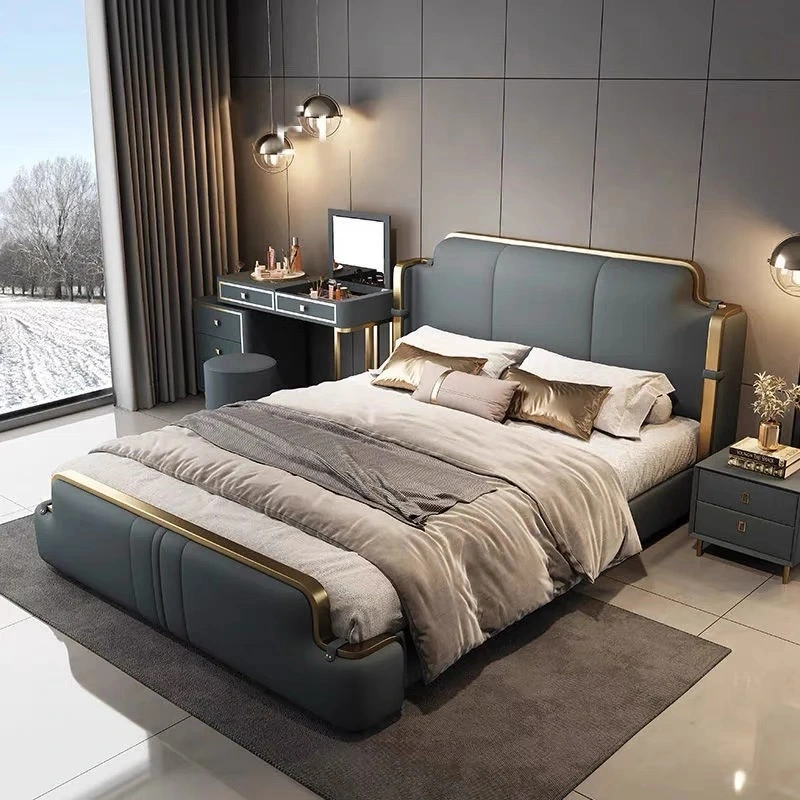 Modern PU Leather Bed Gray Double Bedroom Furniture Set