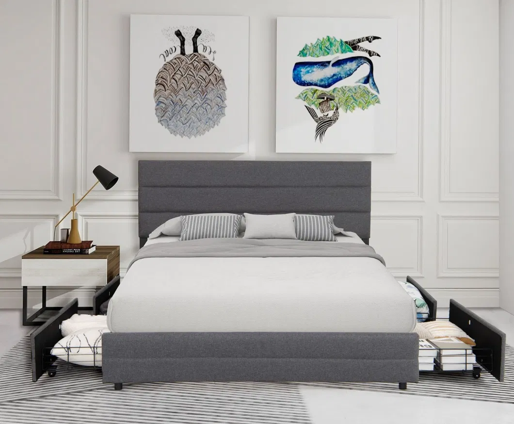 Willsoon Modern Upholstered Bed Simple Design Gray Linen Fabric with 4 Drawers Storage Bed with Soft and Adjustable Features