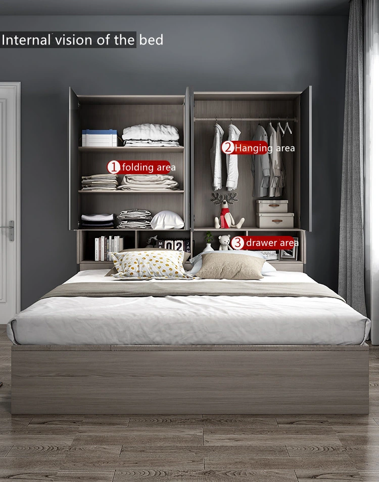 Modern Gray Color Storage Wardrobe Student Kids Size Bedroom Furniture Set Folding Sofa Beds