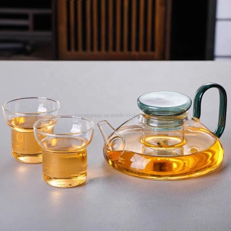 Durable Handmade High Borosil Glass Low Shape Teapot for Home and Office