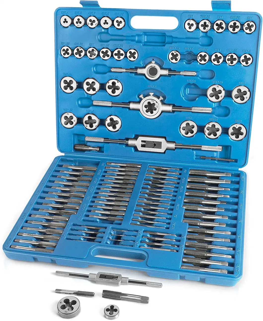 110PCS Tap and Die Set Metric and Imperial Thread Tap Die Wrench Kit Hand Tapping Tools Screw Tap Drill Set