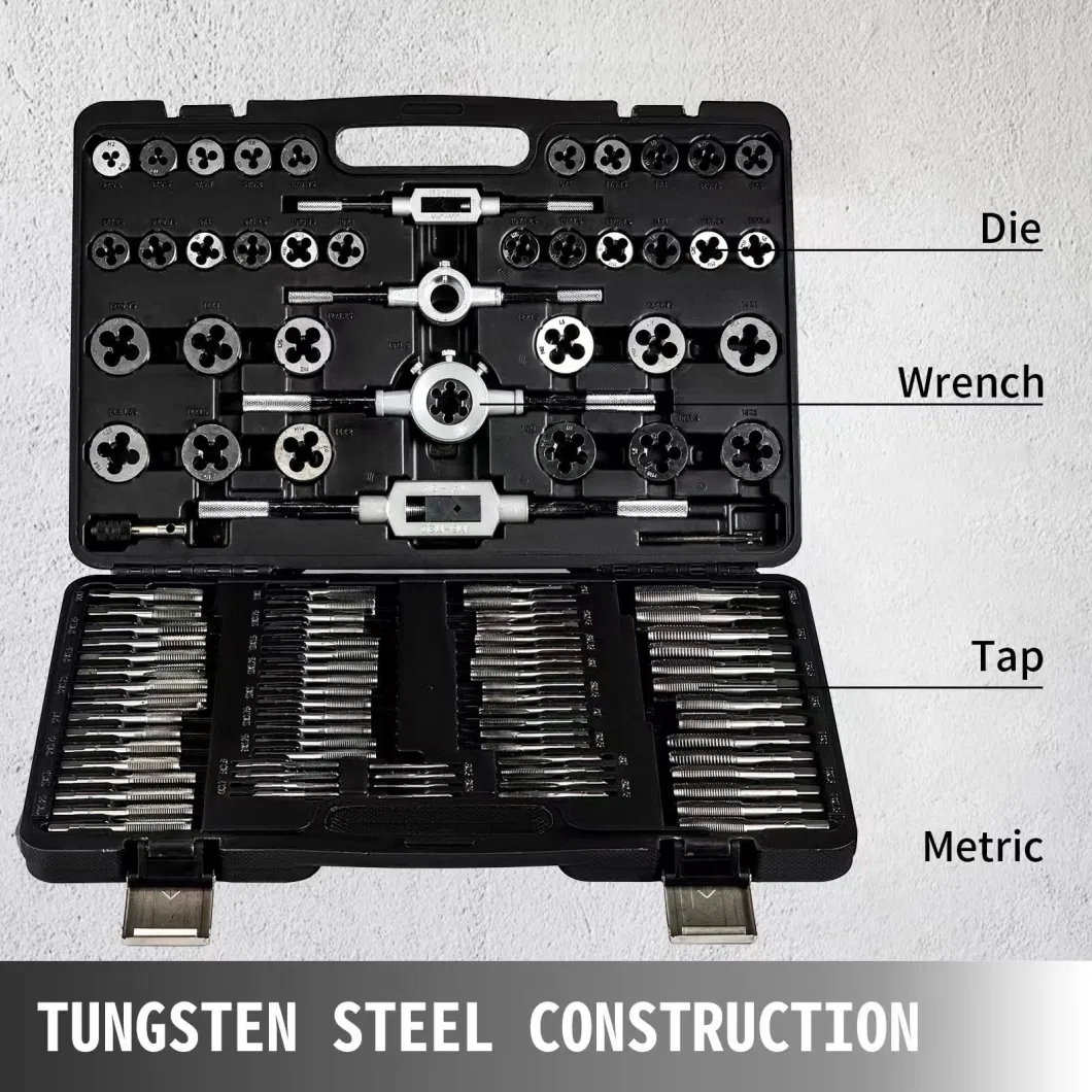 110PCS Tap and Die Set Metric and Imperial Thread Tap Die Wrench Kit Hand Tapping Tools Screw Tap Drill Set