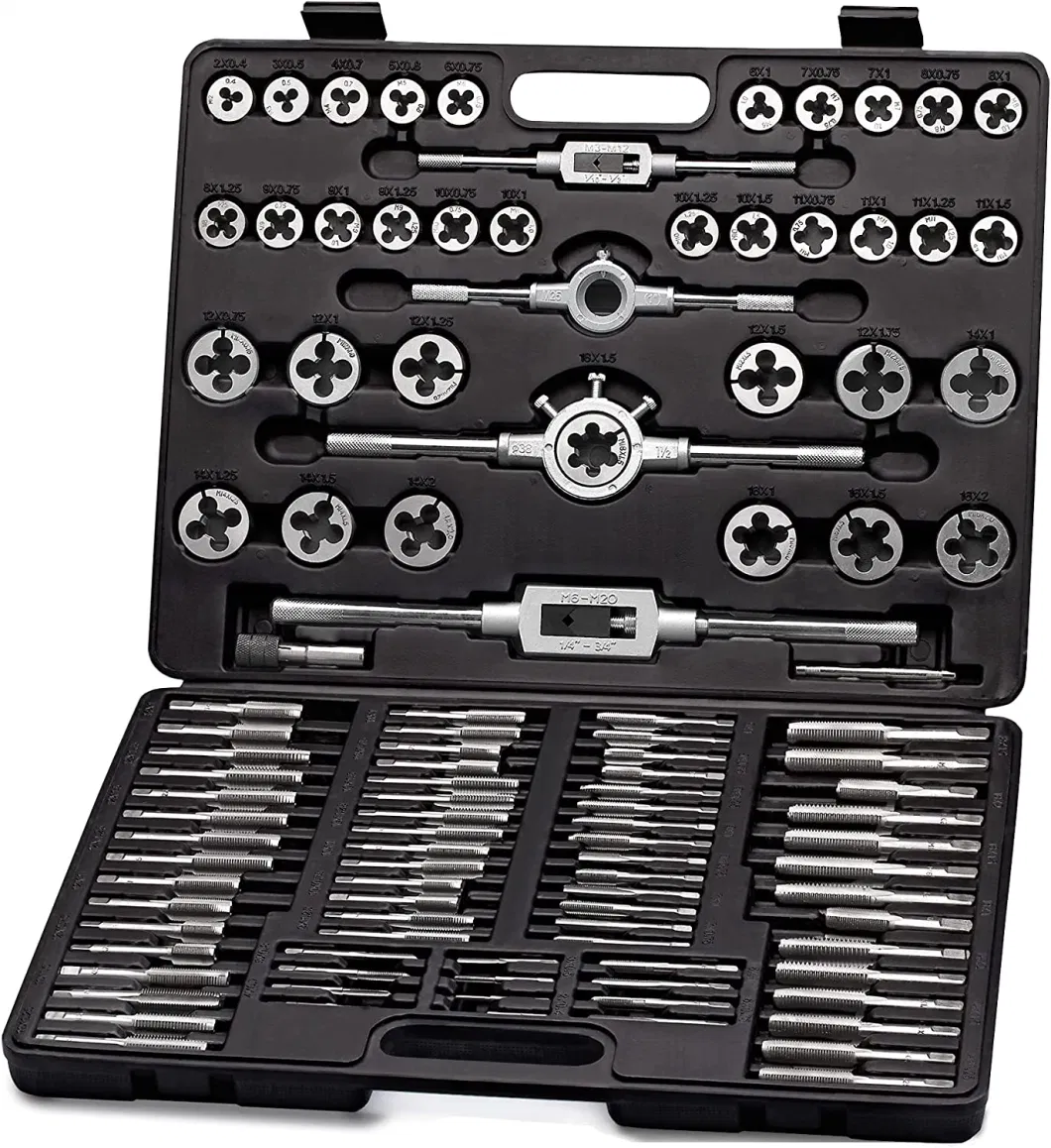 110PCS Tap and Die Set Metric and Imperial Thread Tap Die Wrench Kit Hand Tapping Tools Screw Tap Drill Set