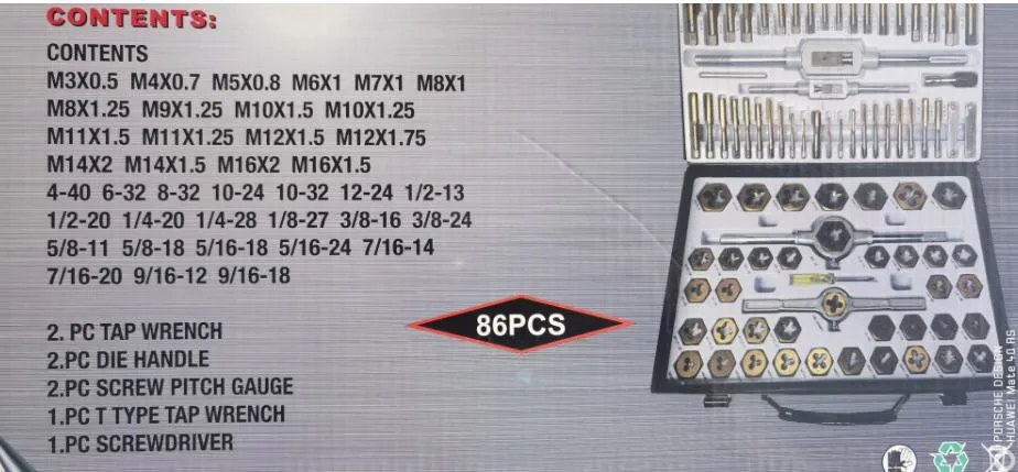86PCS Metric/ Inch Tap and Die Tool Set for Thread Cutting