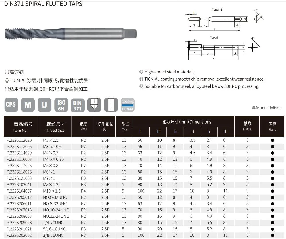 Hot Sale Spiral Point Tap HSS M8 Spiral Flute Threading Taps