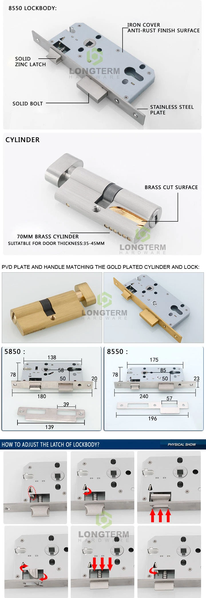 Interior Bedroom Stainless Steel Tubular Lever Round Rosettes Mortise Door Lock Handle