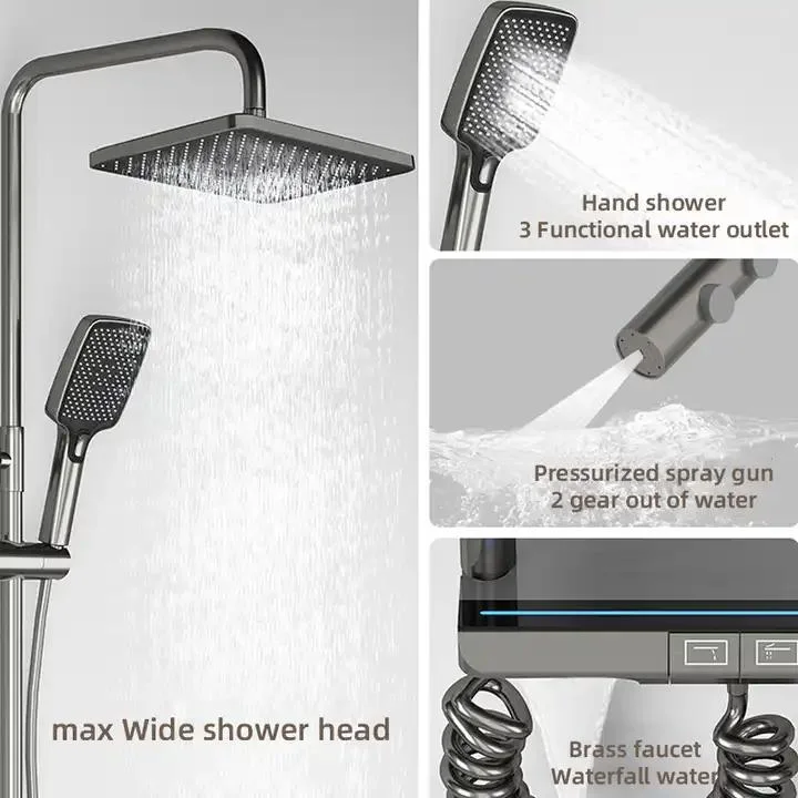 Piano Key Gun Gray Bathroom Digital Display Faucet Shower System Bathtub Hot and Cold 4 Functions Tap Thermostatic Shower Set