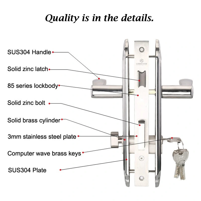 Interior Bedroom Stainless Steel Tubular Lever Round Rosettes Mortise Door Lock Handle