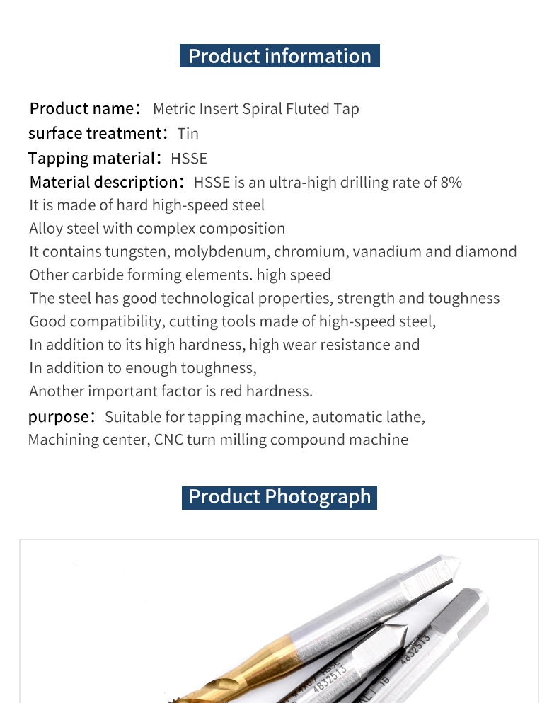 Hsse-M35 JIS Insert with Tin Spiral Fluted Taps St M1.6 M2 M2.5 M3 M3.5 M4 M5 M6 M8 M10 M12 M14 M16 Machine Thread Screw Tap