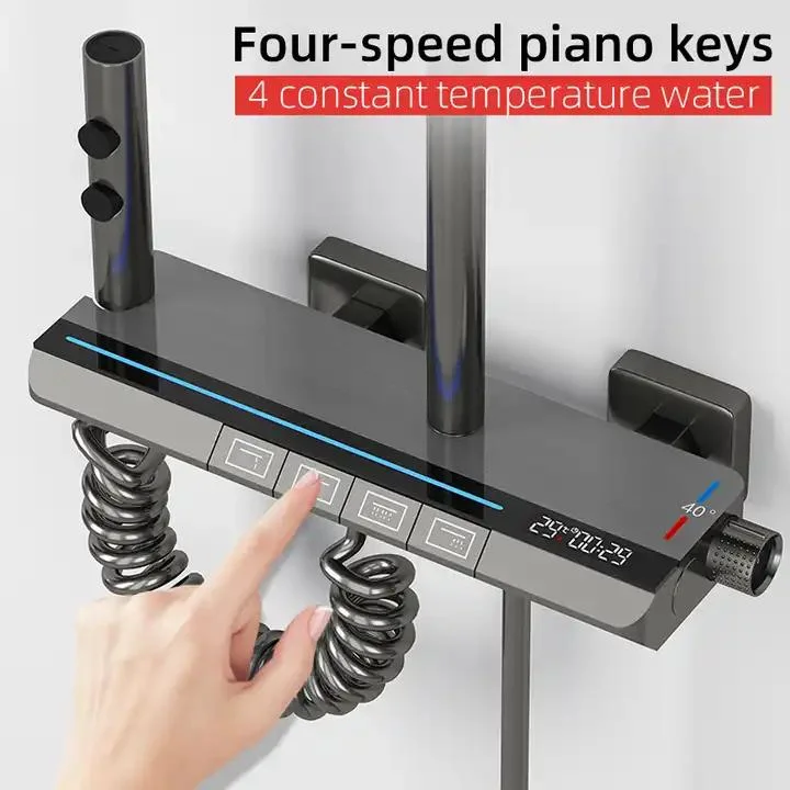 Piano Key Gun Gray Bathroom Digital Display Faucet Shower System Bathtub Hot and Cold 4 Functions Tap Thermostatic Shower Set