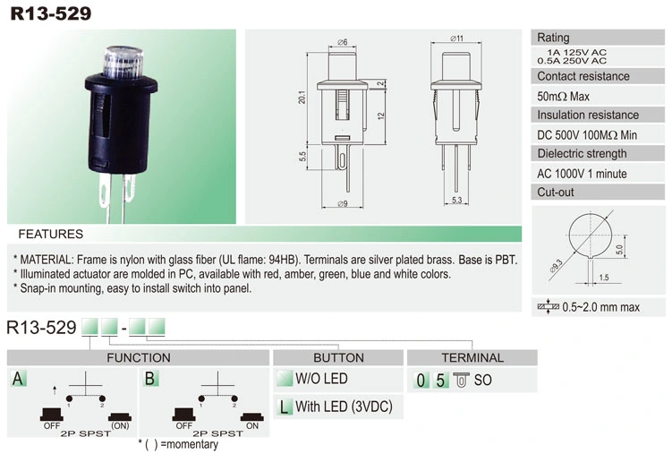 Momentary Golden Contact Auto Push Button Switch with Lamp