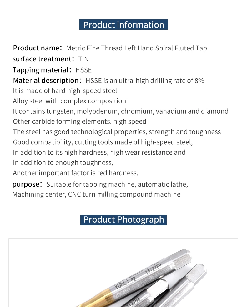 Hsse-M35 Left Hand with Tin Spiral Fluted Taps M3 M4 M5 M6 M7 M8 M9 M10 M12 M14 M16 Machine Screw Fine Thread Tap