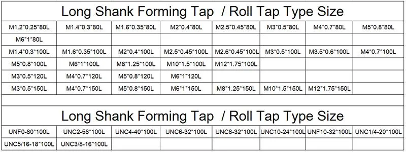 Hsse-M42 JIS Long Shank 100mm with Tin Forming Taps M1.4 M1.6 M2 M2.5 M2.6 M3 M3.5 M4 M5 M6 M8 M10 M12 Machine Screw Thread Tap