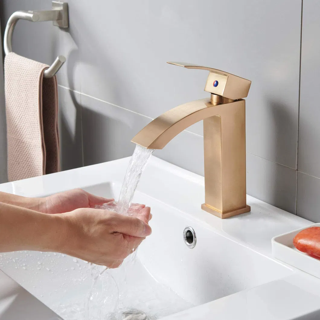 Aquacubic Gold Bathroom Basin Faucet Copper Fashion Copper Bottom Square Single Hole Household Cold Hot Sink Taps