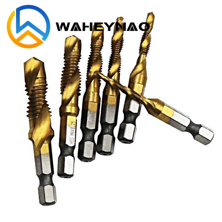 Waheynao 6PCS HSS4341 Hex Shank Spiral Screw Thread Taps Drill Bits Set Hex Tap Drill Bits Metric/Imperial Spiral Fluted Machine Screw