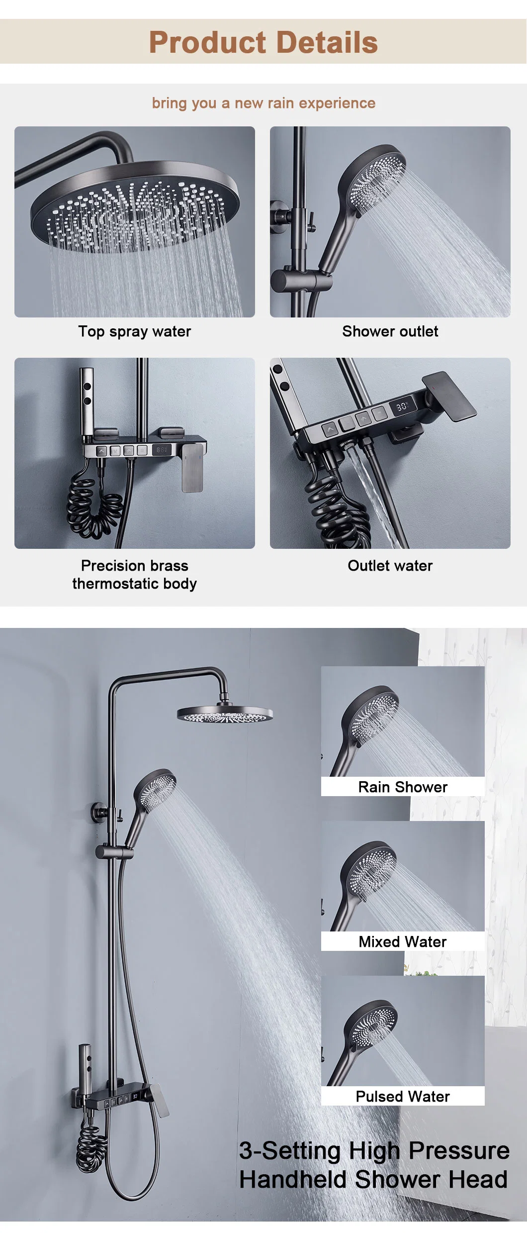 Gun Gray Water Plating Brushed Bath Taps Faucets Mixer Bathroom Shower Set