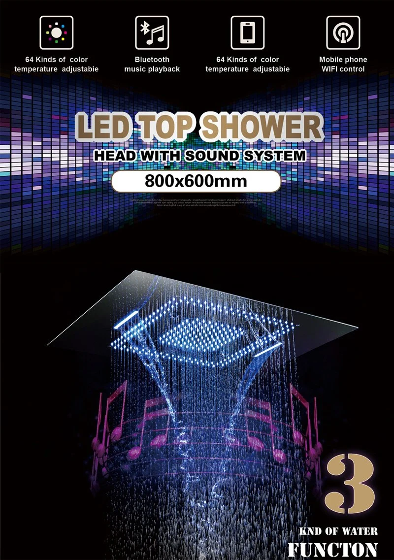 Foshan Factory Big Size Cerling Shower 600X800 Music Stainless Steel LED Ceiling Rain Shower Waterfall Top Shower Faucet (BMC-9049D)