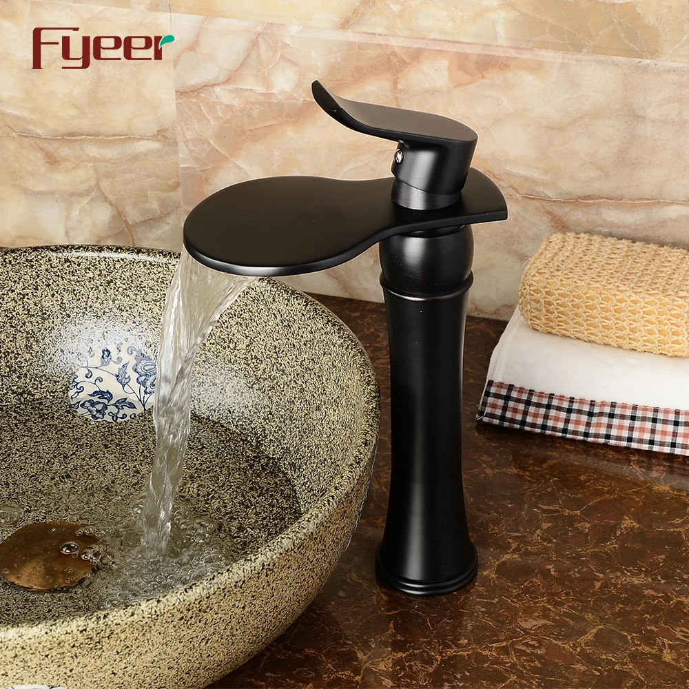 Fyeer New Fashion Big Spout Bathroom Waterfall Black Vessel Faucet