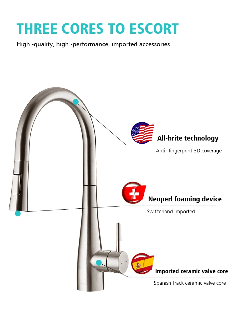 Luxury Modern Nordic Design High Quality 304 Stainless Steel Pull out Upc Big Size Kitchen Faucet