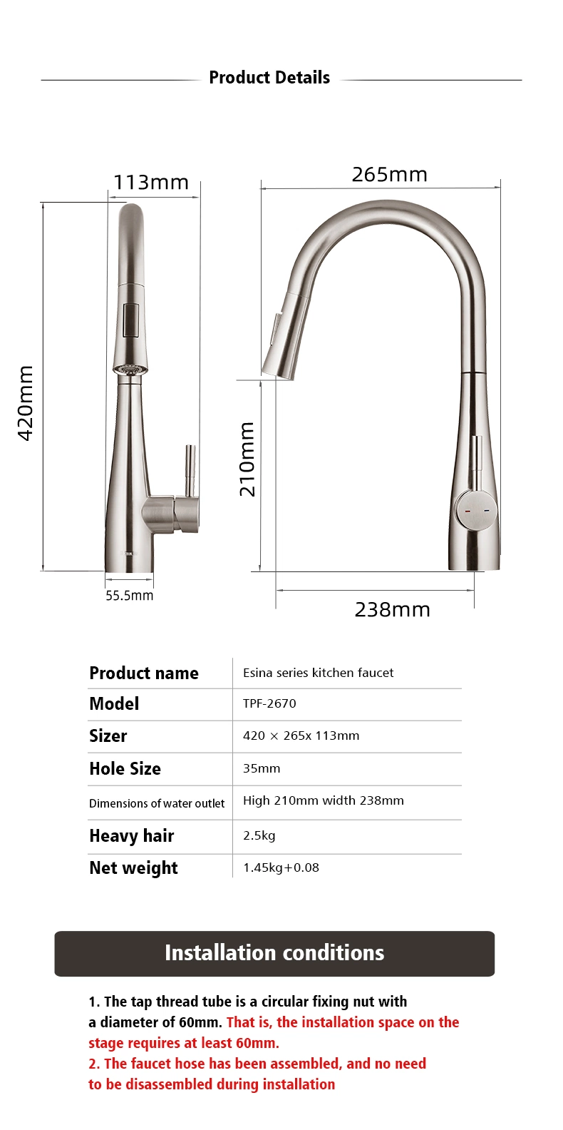 Luxury Modern Nordic Design High Quality 304 Stainless Steel Pull out Upc Big Size Kitchen Faucet