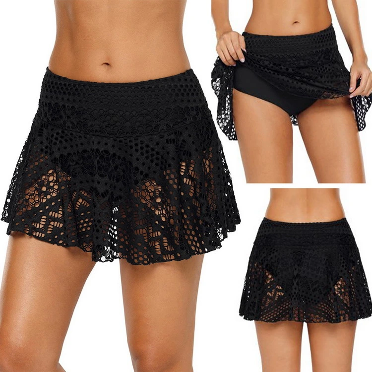 Sexy Lace Crochet Swim Skirts Bikini Bottom Swimsuit Built-in Briefs, Swimming Lace Skorts Lingerie for Woman Swimwear Bottom Skirt Beach Underwear