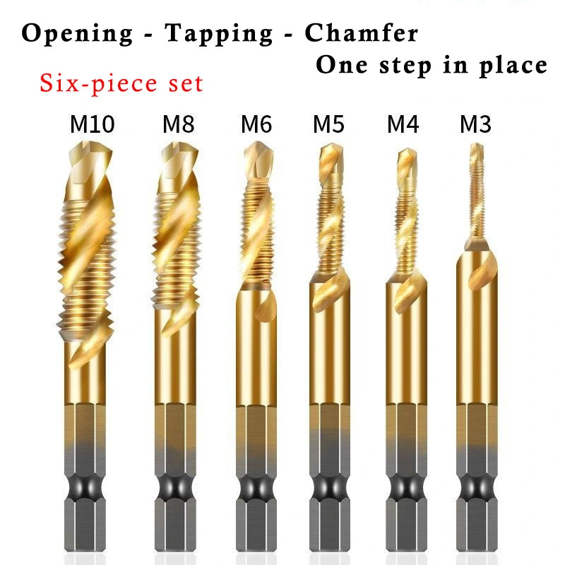 HSS Machine Spiral Flute Tap Titanium-Plated Three-in-One Multifunctional Tapping, Drilling and Chamfering