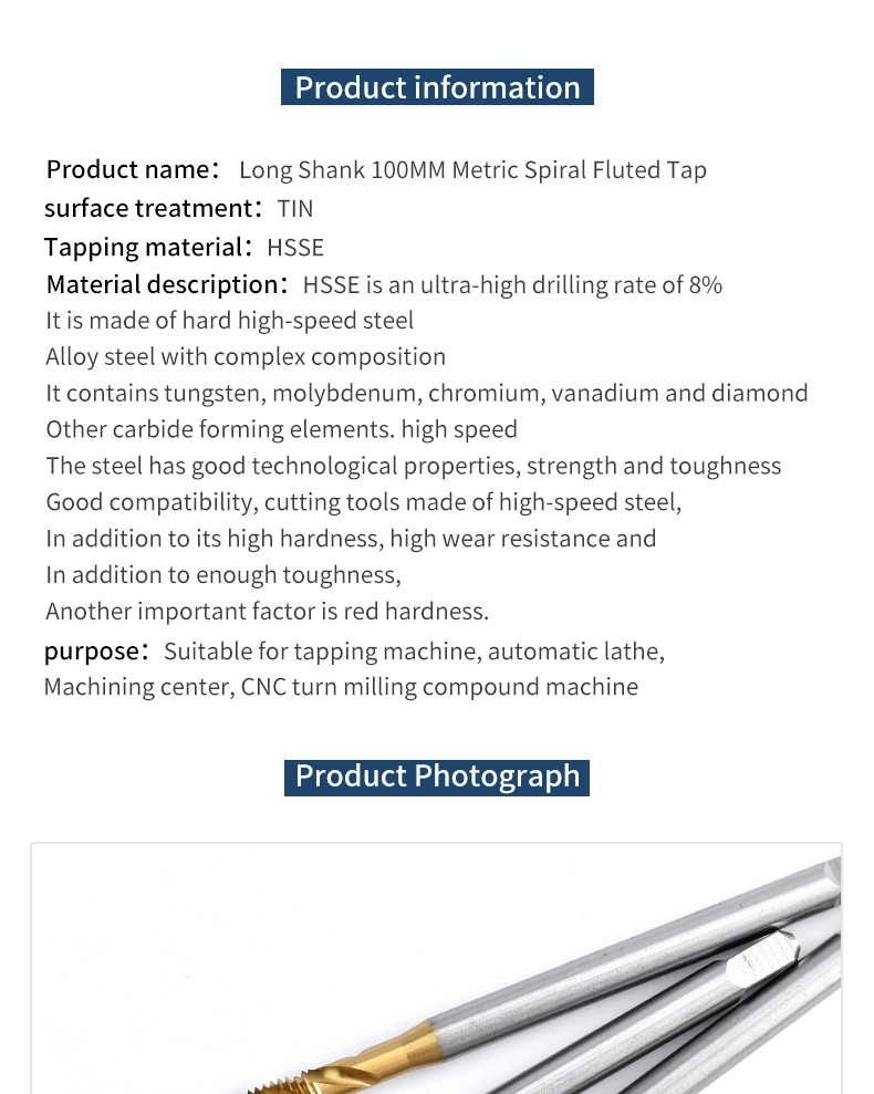 Hsse-M35 Long Shank 100mm with Tin Spiral Fluted Taps M1.6 M2 M2.5 M2.6 M3 M3.5 M4 M5 M6 M8 M10 M12 Machine Screw Thread Tap