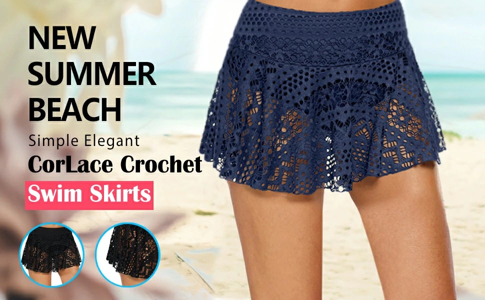 Sexy Lace Crochet Swim Skirts Bikini Bottom Swimsuit Built-in Briefs, Swimming Lace Skorts Lingerie for Woman Swimwear Bottom Skirt Beach Underwear