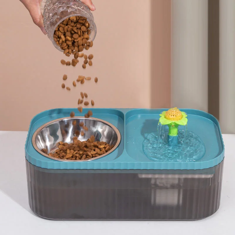 USB 2 in 1 Charged 15 Degree Tilt Cat Food Bowls Stainless Steel Double Raised Cat Bowl with Water Dispenser