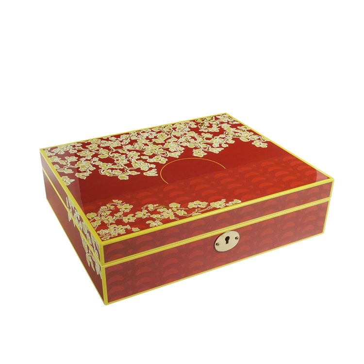 Sawtru Customized Golden Flower Red Painting Wooden Box with Metal Lock