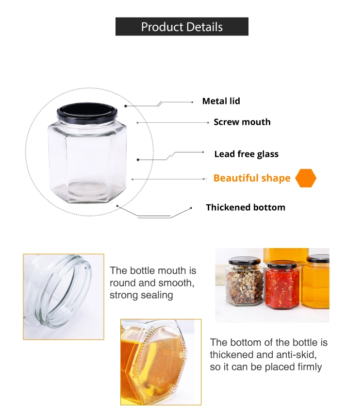 Empty 50ml 100ml 120ml 180ml 280ml 500ml 730ml Hexagonal Clear Glass Food Jar for Honey Jam with Tin Lid