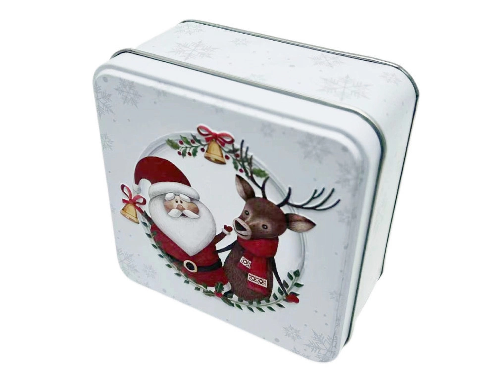 China Manufacture Wholesale Custom Christmas Tinplate Container White Square Metal Case Chocolate Candy Tin Box with Lid