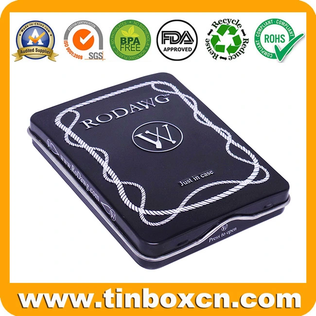 Custom Hinge Metal Box Rectangular Black Tin Case with Embossing for Pen Pencil Stationery Storage