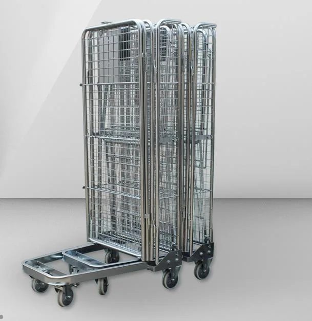 Folding Nesting Warehouse Storage Metal Wire Roll Container for European Supermarket