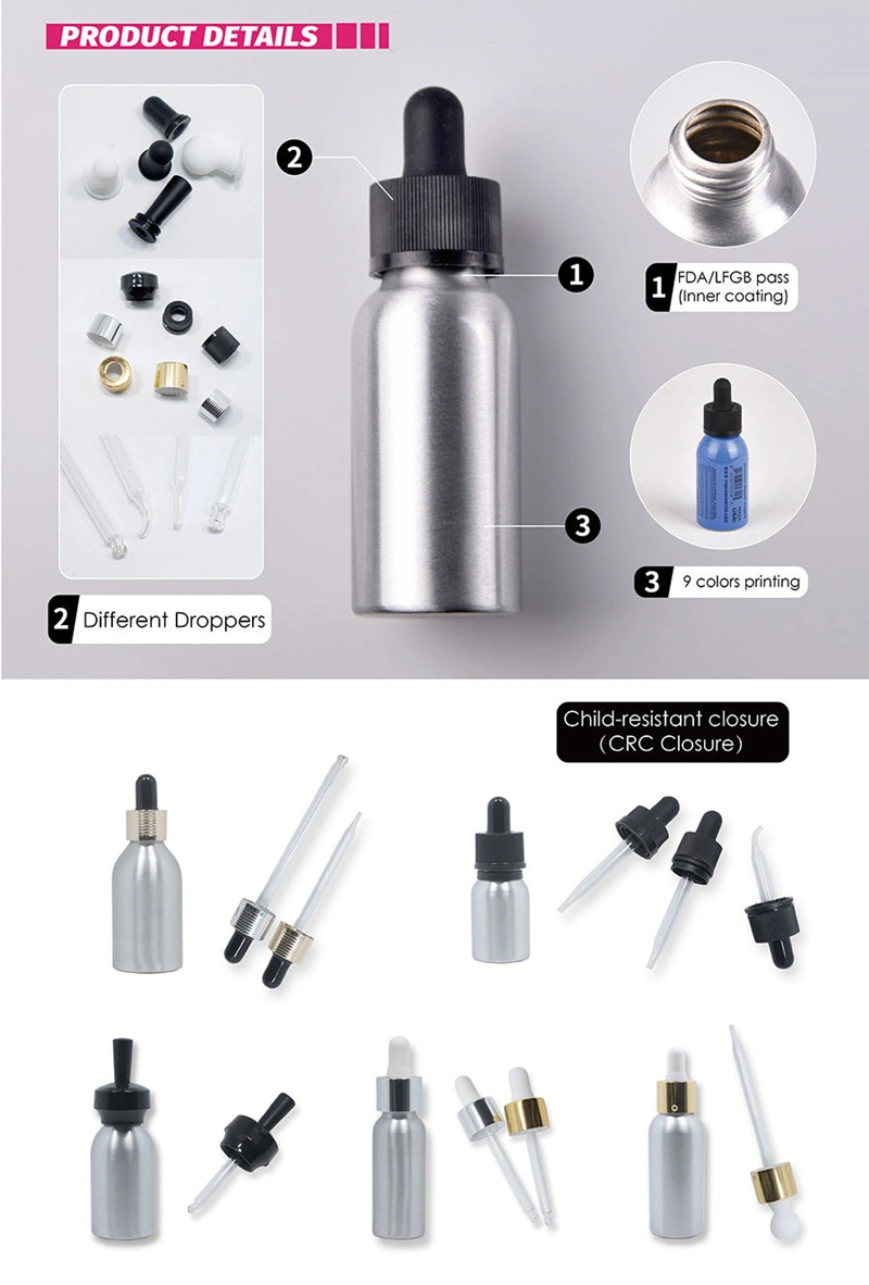 Cosmetic Luxury Packaging Matte Silver Child Proof Dropper Metal Hair Oil Container Bottles