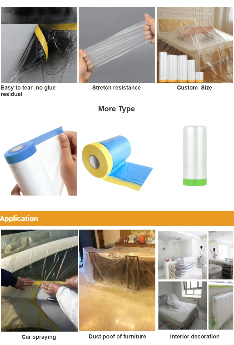 Furniture Dustproof Pre Taped Transparent Plastic Masking Film Car Automotive Auto Refinish Paint Roll Film