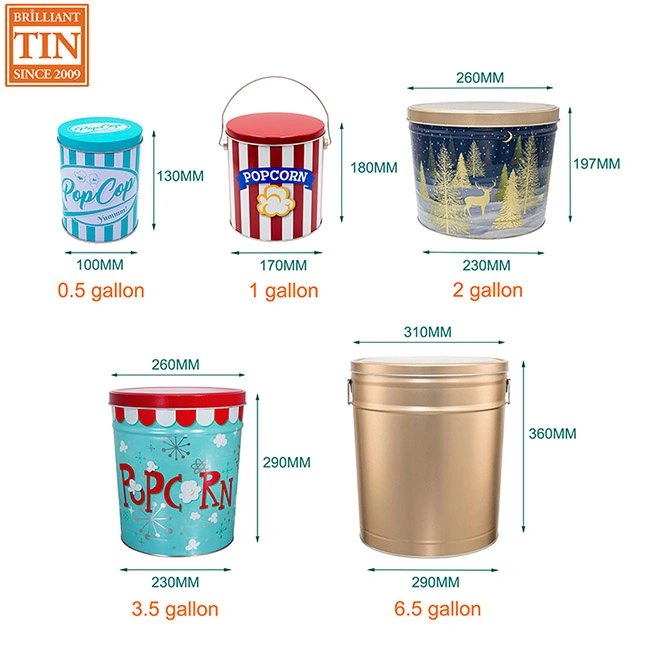 0.5/1/2/3.5/6.5 Gallon Metal Bucket Popcorn Tin with a Lid