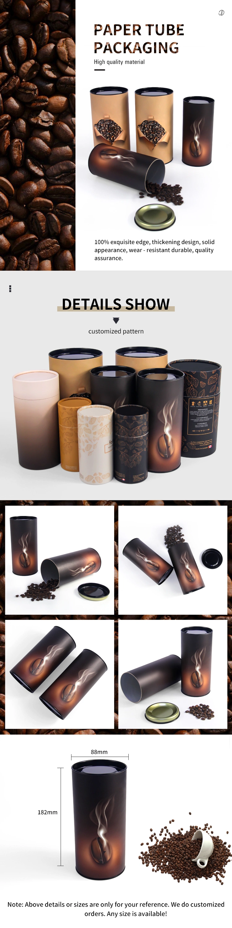 Firstsail Wholesale Tea Coffee Bean Drawing Tube Wrapping Packaging Food Grade Empty Round Paper Box Container with Metal Lid