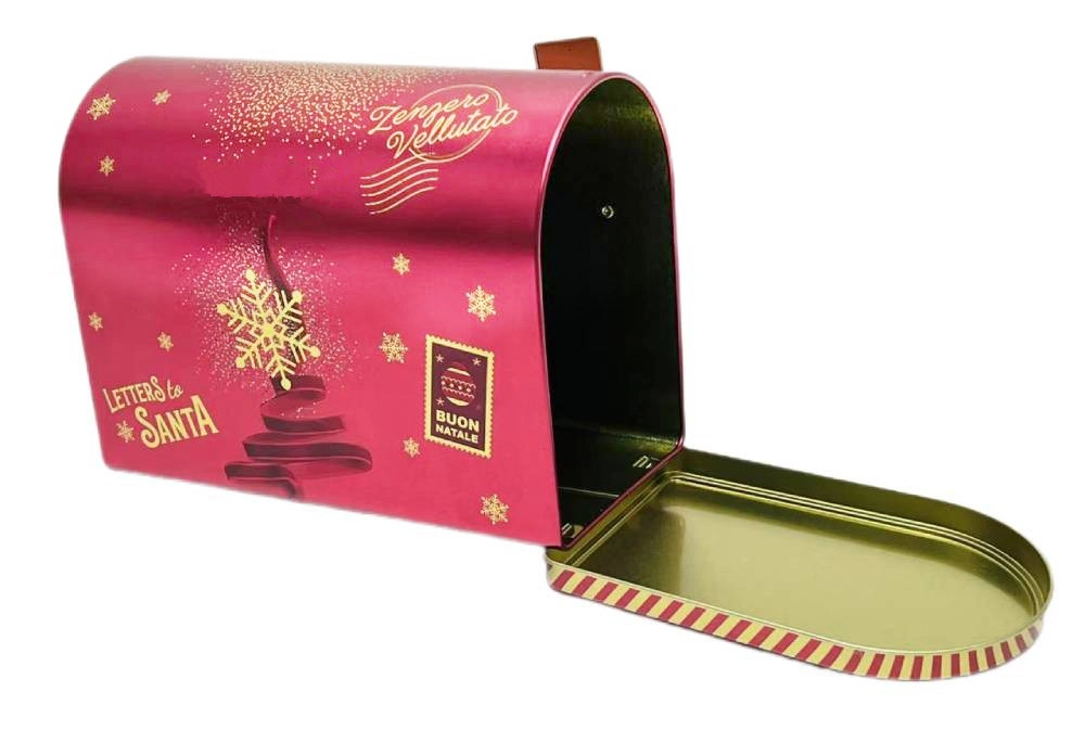 Factory Custom Metal Mailbox Packaging Christmas Cookies Tin Food Grade Tin Cans with Lid Hinged