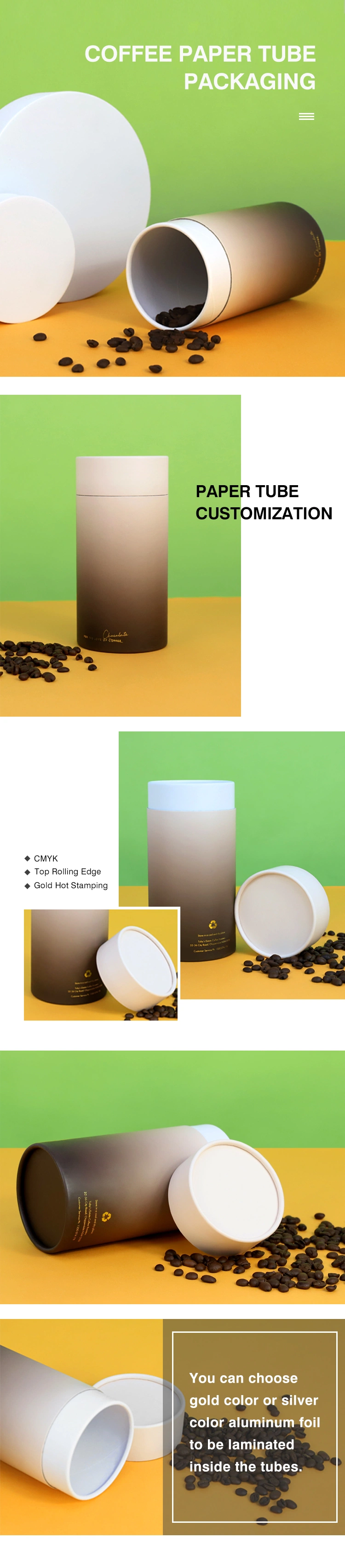 Firstsail Wholesale Tea Coffee Bean Drawing Tube Wrapping Packaging Food Grade Empty Round Paper Box Container with Metal Lid