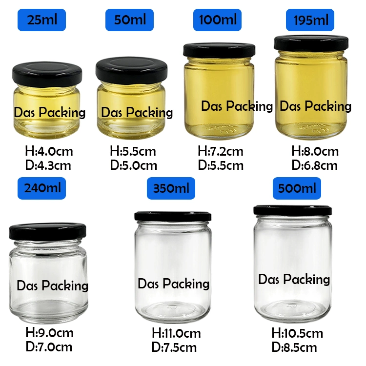 25ml 50ml 100ml 195ml 240ml 350ml 500ml Straight Sided Kitchen Food Storage Glass Honey Jam Jar Container with Metal Lids