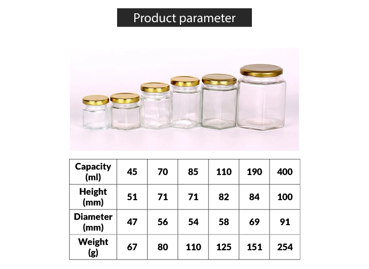 Empty 50ml 100ml 120ml 180ml 280ml 500ml 730ml Hexagonal Clear Glass Food Jar for Honey Jam with Tin Lid